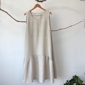 linen dress with ruffled hem linen midi dress Linen loose sleeveless dress Washed soft linen dress with side pocket