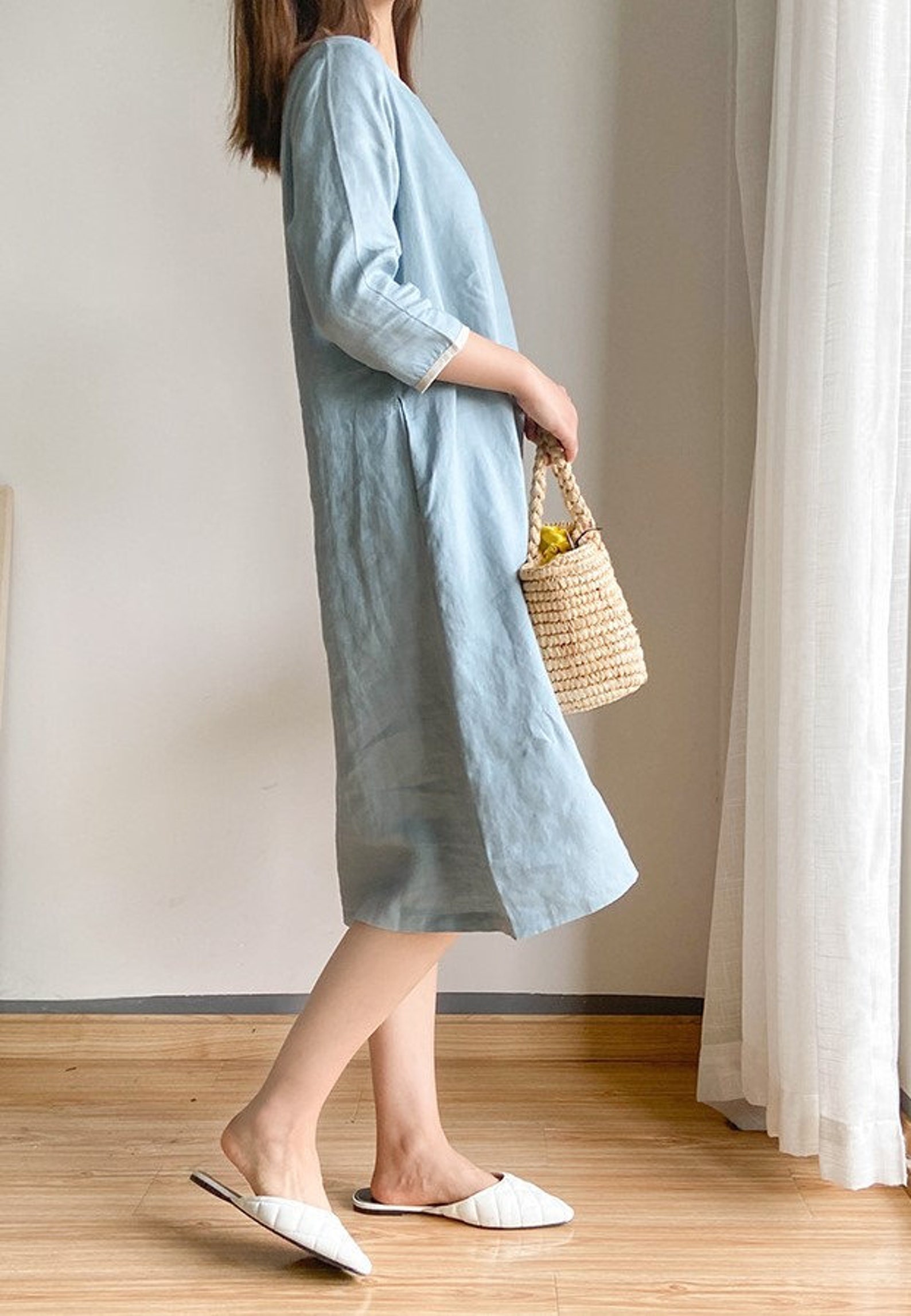 Casual Linen Dress Knee Length Linen Dress A Shape Midi Etsy