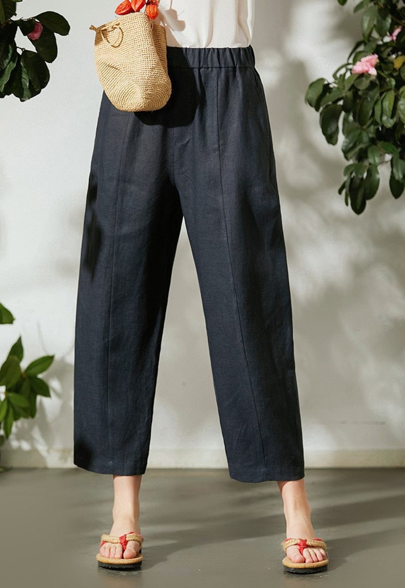 Harem Linen Pants/Wide leg linen pants/Cropped Linen pants/linen pants w/t elastic waistband/Causal linen pants/Harem Linen pants image 6