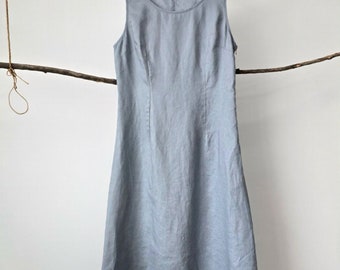 Casual linen dress, midi linen dress,  invisible zipper, midi dress w/t sleeves, solid color midi dress, slender waist, A-shape