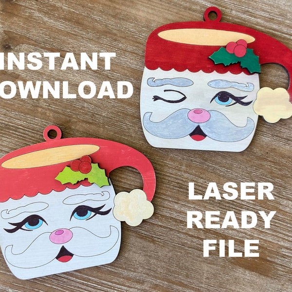 Vintage Santa Mugs Ornament File, Set of 2 Ornaments, Laser File, SVG File, DXF File, PDF File, Glowforge FIle, Christmas Ornaments