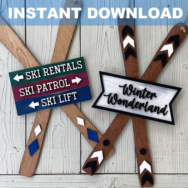 Ski Schild Türschild sofortiger Download mit Bonus Ski Ornament, DIY Kit, SVG, DXF Glowforge Datei, Laser geschnitten, Cabin Decor, Ski Lodge, Snow