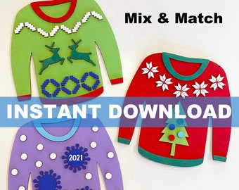 Descarga instantánea de archivo de suéter de Navidad para kit de bricolaje, SVG, archivo DXF Glowforge, corte láser, manualidades para niños, artesanía de Navidad, fiesta de pintura