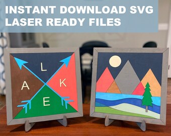 Set of 2 LAKE Adventure SVG Files, Lake Decor, Mountain, Compass, Instant Download, Laser Ready, Glowforge, Silhouette, Cricut