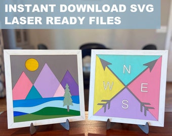 Set of 2 Adventure SVG Files, Mountain, Compass, Instant Download, Laser Ready, Glowforge, Silhouette, Cricut