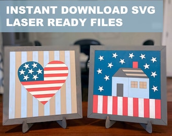 Set of 2 AMERICANA SVG Files, Instant Download, Laser Ready, Glowforge, Silhouette, Cricut, America, Flag, Mini Barn Quilt, DIY Party Kit