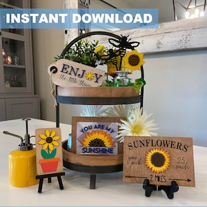 Kit de bandeja con niveles de girasol, archivo SVG, archivo Glowforge, letreros de madera, corte por láser, descarga instantánea, flor, abejas, mini letreros, decoración de bandeja