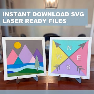 Set of 2 Adventure SVG Files, Mountain, Compass, Instant Download, Laser Ready, Glowforge, Silhouette, Cricut