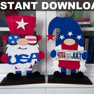 4 de julio Gnomes Shelf Sitters File, Descarga instantánea, Kit DIY, SVG, DXF Glowforge, Laser Cut, Gnome File, Paint Party, Patriotic Gnome