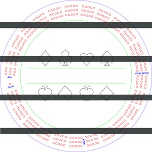 May include: A circular game board with a green outer ring and a red inner ring. The board has a series of numbered spaces and four suits of playing cards: diamonds, clubs, hearts, and spades. The board is labeled "Start" and "Finish".