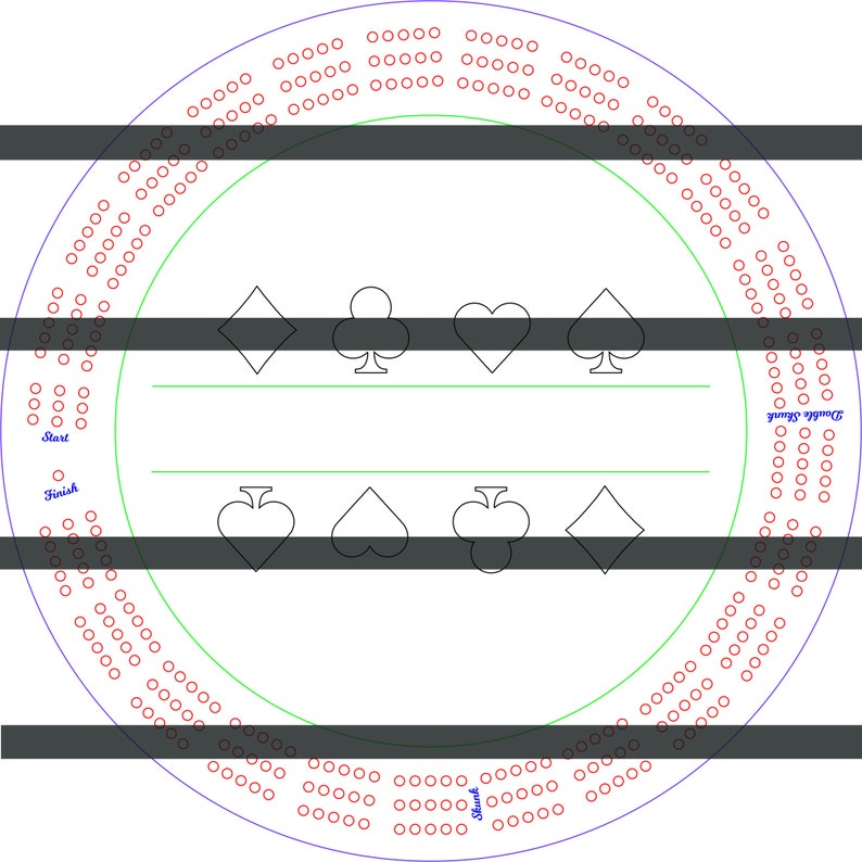 May include: A circular game board with a green outer ring and a red inner ring. The board has a series of numbered spaces and four suits of playing cards: diamonds, clubs, hearts, and spades. The board is labeled "Start" and "Finish".