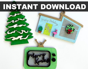 May include: Three wooden Christmas ornaments: a green tree, a blue house with a pink flamingo and the text "Happy Holidays", and a green television with the text "Merry Xmas".