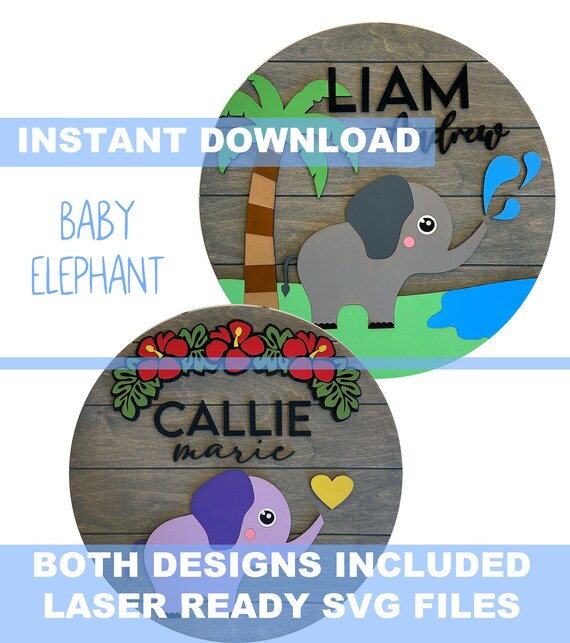 Download Baby Elephant Round Name Sign Svg Digital File For Laser Etsy