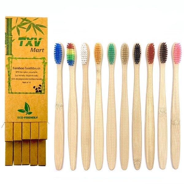 TXV Mart Eco-friendly Natural Bamboo Toothbrush BPA Free Biodegradable Handle (Pack of 10 individual boxes)