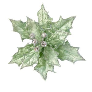 SM Poinsettia Pick | Glitter Holly Leaf Stem | Christmas Tree Decoration or Holiday Craft Accent