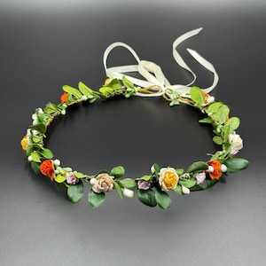 Autumn Rose Crown | Orange Mini Flower Wreath, Green Leaf Halo | Fall Floral Crown for Bride, Girls, or Shoots