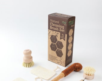 May include: A set of five natural cleaning brushes in a brown cardboard box. The box has the text "Natural Cleaning Brush Set" and "TXV Mart" on it. The brushes include a round brush with a wooden handle, a long brush with a wooden handle, a curved brush with a wooden handle, and two loofah sponges.