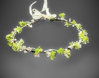 Green Blossom Crown | Spring Leaf Halo, Woodland Floral Wreath | Fairy Crown for Bride, Girls, or Festivals