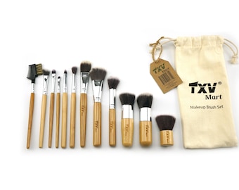 TXV Mart Professional Wooden Bamboo Makeup Brush Set 12 Pieces with Travel Pouch | Foundation Concealer Powder Eye Make up Brush Kit