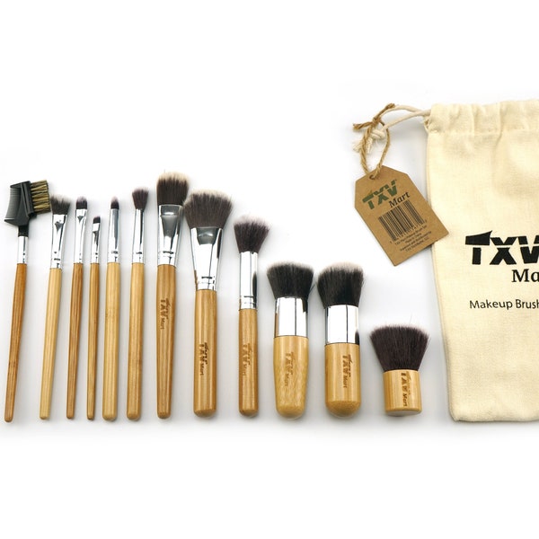 TXV Mart Professional Wooden Bamboo Makeup Brush Set 12 Pieces with Travel Pouch | Foundation Concealer Powder Eye Make up Brush Kit