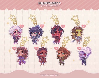 Baldur's Gate 3 charms keychains (2.5" Glitter Epoxy) | astarion, shadowheart, karlach, lae'zel, gale, wyll, halsin, minthara