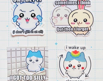 May include: Four stickers with cartoon characters and text. One sticker says "OK I GET IT" and "(I don't get it at all)". Another says "sometimes I think but then I forget". The third says "I GOT TOO SILLY". The last says "i wake up clownery".