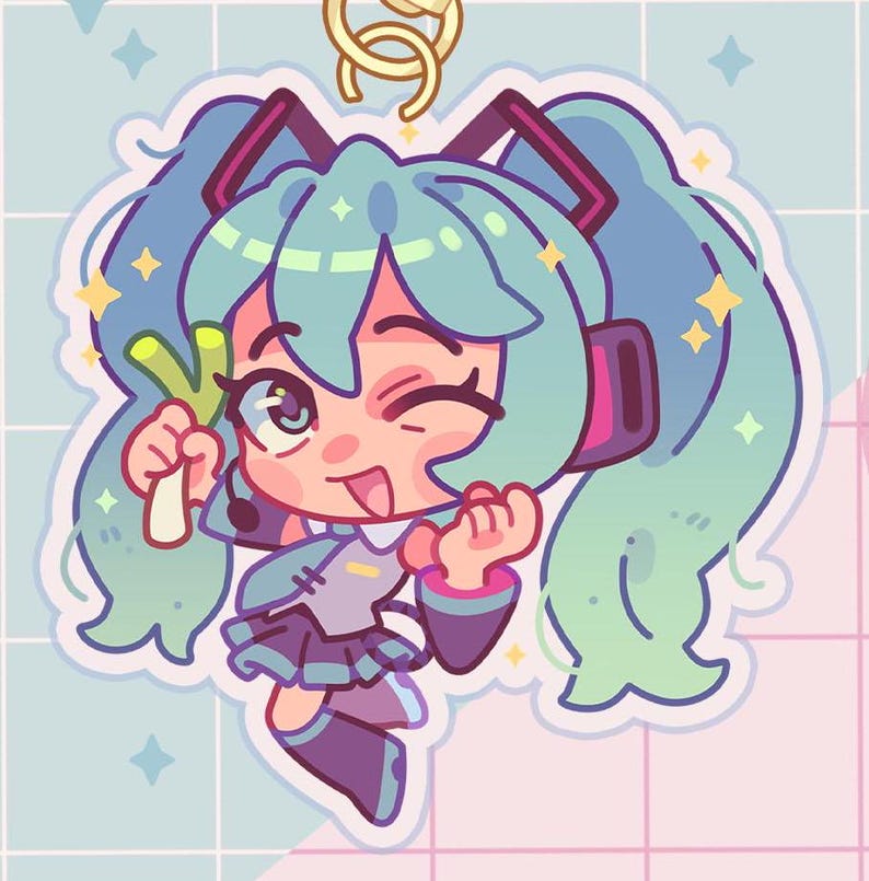 May include: A cartoon illustration of a green-haired anime character with a bright pink tongue sticking out. The character is wearing a blue and black outfit and holding a green vegetable. The character is surrounded by a white outline and a light blue and pink background.
