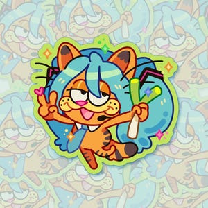 miku funny lazy lasagna cat cat sticker (2.3&quot; glitter vinyl sticker)