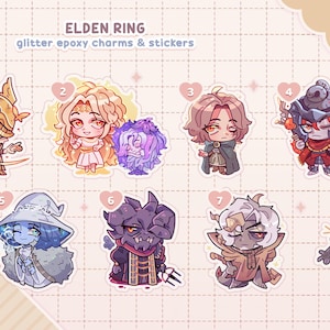 PREORDER elden ring charms keychains & stickers | dark souls | malenia ranni alexander morgott margit mohg, miquella, melina, trina, messmer