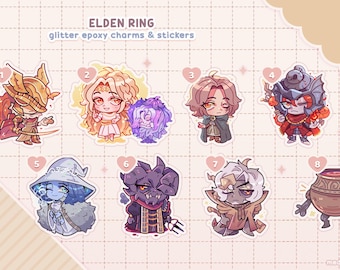 elden ring charms keychains & stickers | dark souls | malenia ranni alexander morgott margit mohg, miquella, melina, trina, messmer