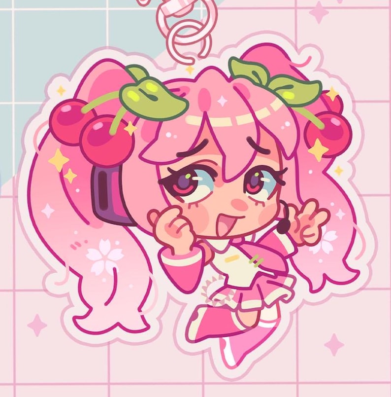 May include: A pink and white anime-style character with cherry blossoms and cherries in her hair. She is wearing a pink and white outfit and has a playful expression on her face.