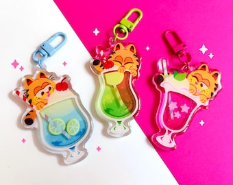 funny lazy lasanga cat drink charms keychains (3" glitter epoxy)