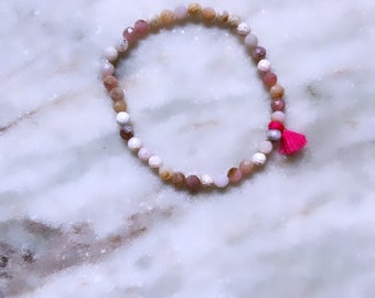 Pink Opal Bracelet with Tassel: 4mm Crystal Stackable Bracelet
