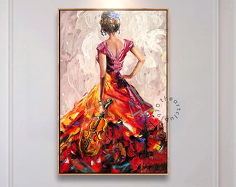 Lady with Violin Oil Painting Girl Large Musician Abstract Painting Musician Canvas Wall Art Original Modern Female Figure Violinist Art