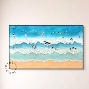 Beach Joys Ocean Surfing Painting Heavy Textured Swimming Painting Abstract 3D Knife Palette Art Landscape Beach Ocean Art Contemporary Art