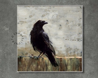 Pintura acrílica de cuervo, pintura al óleo original de pájaro sobre lienzo, pintura de cuervo negro, obra de arte minimalista hecha a mano, pintura de animales, arte de pared de cuervo