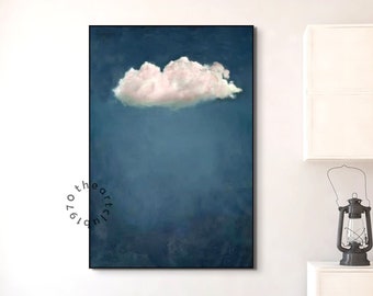 Originele witte wolk muurkunst smaragdblauwe wolk schilderij surrealisme wolk olieverfschilderij minimalistisch muur decor natuur vintage wolk kunstwerk
