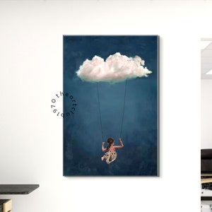 Surrealismus Wolke Wand Kunst Große Wolke Himmel Gemälde Original Weiße Wolke Ölgemälde Wolke Abstrakte Mädchen Schaukel Bild Blauer Himmel Leinwand Kunst