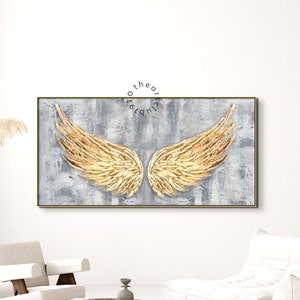Abstract Angel Wings Oil Painting on Canvas, Large Original Textured Boho Gold Wings Acrylic Painting Modern Living Room Wall Art Home Decor