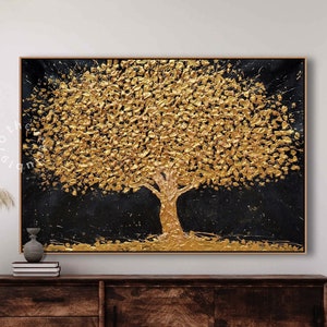 Large Golden Tree Painting Abstract Golden Textured Tree Painting On Canvas Original Palette Knife Art Golden Tree Of Life Hand-Painted Art