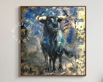 Bull Oil Painting Abstract Minimalist Canvas Painting Heavy Texture Painting Modern Living Room Decor Animal Painting Art Stock Market Art