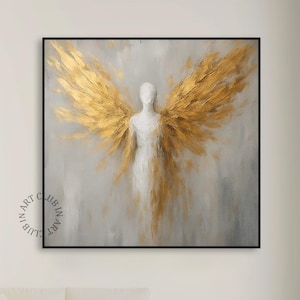 Angel Abstract Wall Art With Golden Wings Textured Figure Canvas Painting Acrylic Abstract Original Oil Painting Modern Spiritual Wall Art
