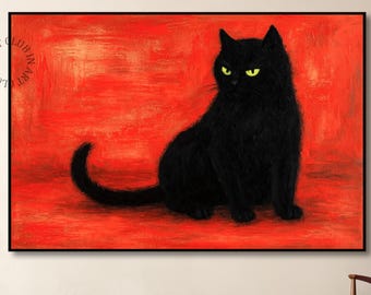 黒猫の絵画、猫アート、猫好きへのギフト、黒の抽象画、キャンバスに