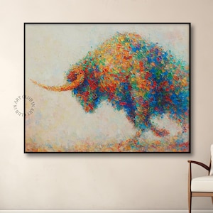 Colorful Charging Bull Painting Textured Animal Artwork Abstract Bull Canvas Wall Art Modern Animal Wall Art For Living Room or Office