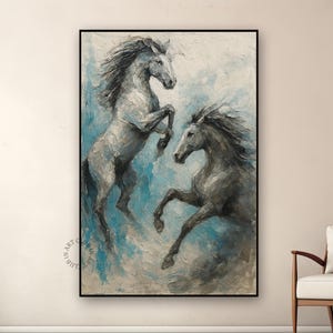 Two Galloping Horses Painting Dynamic Stallions Artwork Fighting Horses Canvas Wall Art Wild Stallions Painting Rustic Equestrian Wall Art