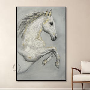 White Textured Abstract Horse Painting On Canvas Large Original Hand-painted Horse Canvas Wall Art Modern Animal Painting for Living Room