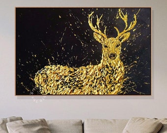 キャンバスに描かれた抽象的な鹿の絵 金色の鹿の頭 壁アート 装飾