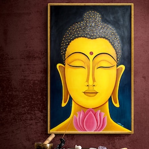 Lord Gutama buddha painting | Beautiful pink lotus painting | silent buddha painting | spiritual wall art | indian buddha painting