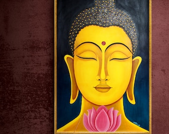 Lord Gutama buddha painting | Beautiful pink lotus painting | silent buddha painting | spiritual wall art | indian buddha painting