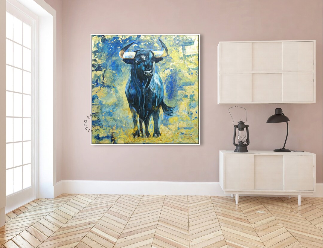 Original Bull Abstract Wall Art Large Blue Bull Painting on Canvas ...